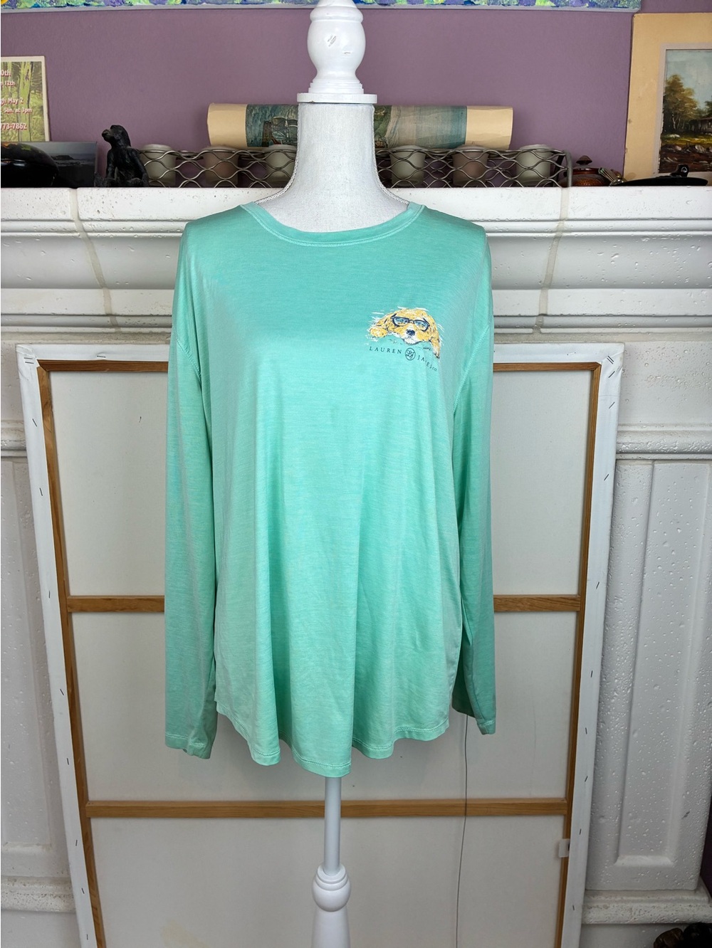 Lauren James Mint Green Long Sleeve Tee w/ Dog at Beach Logo Print